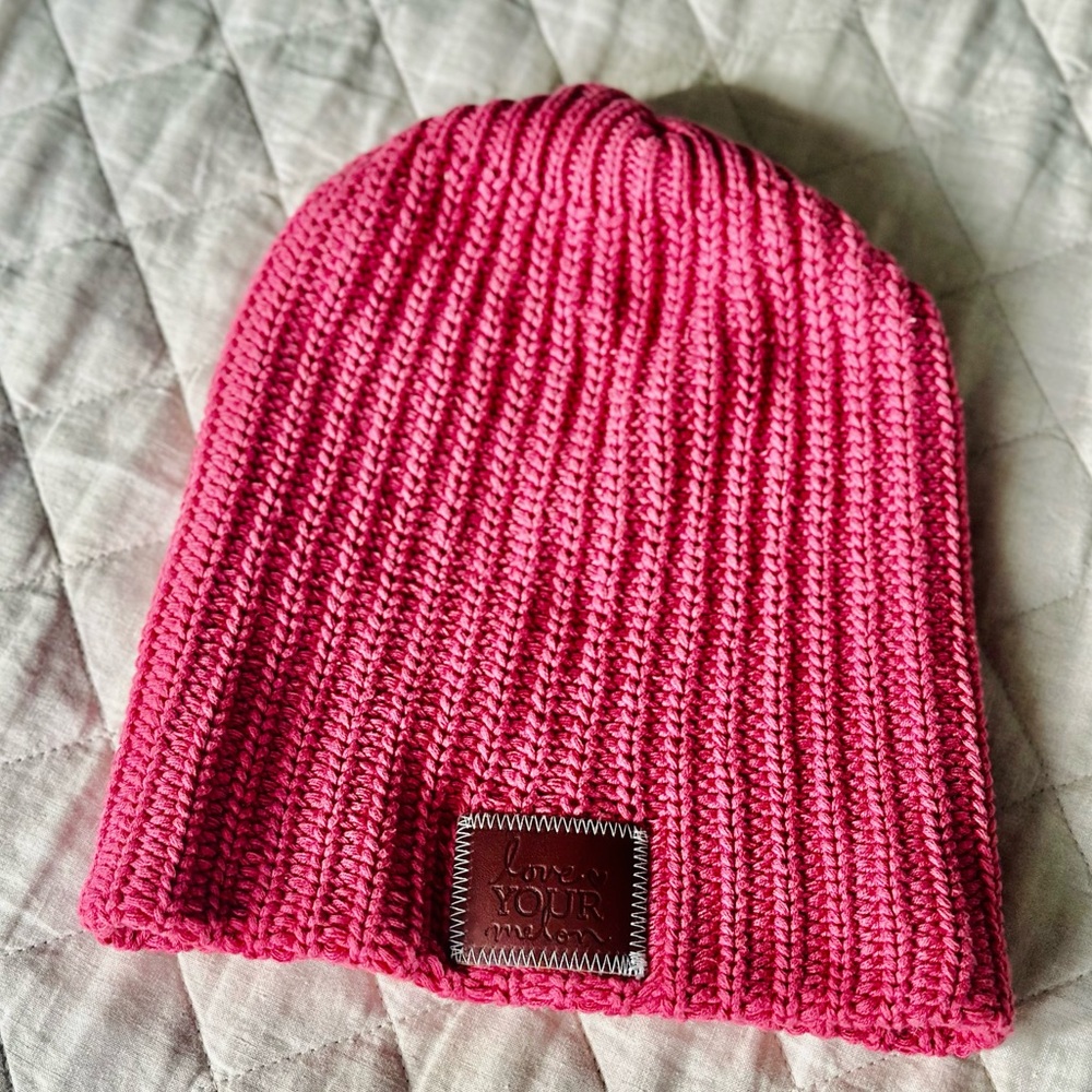 Love Your Melon Slouchy Knit Beanie in Rose Pink with red maple leather patch 💗🤎